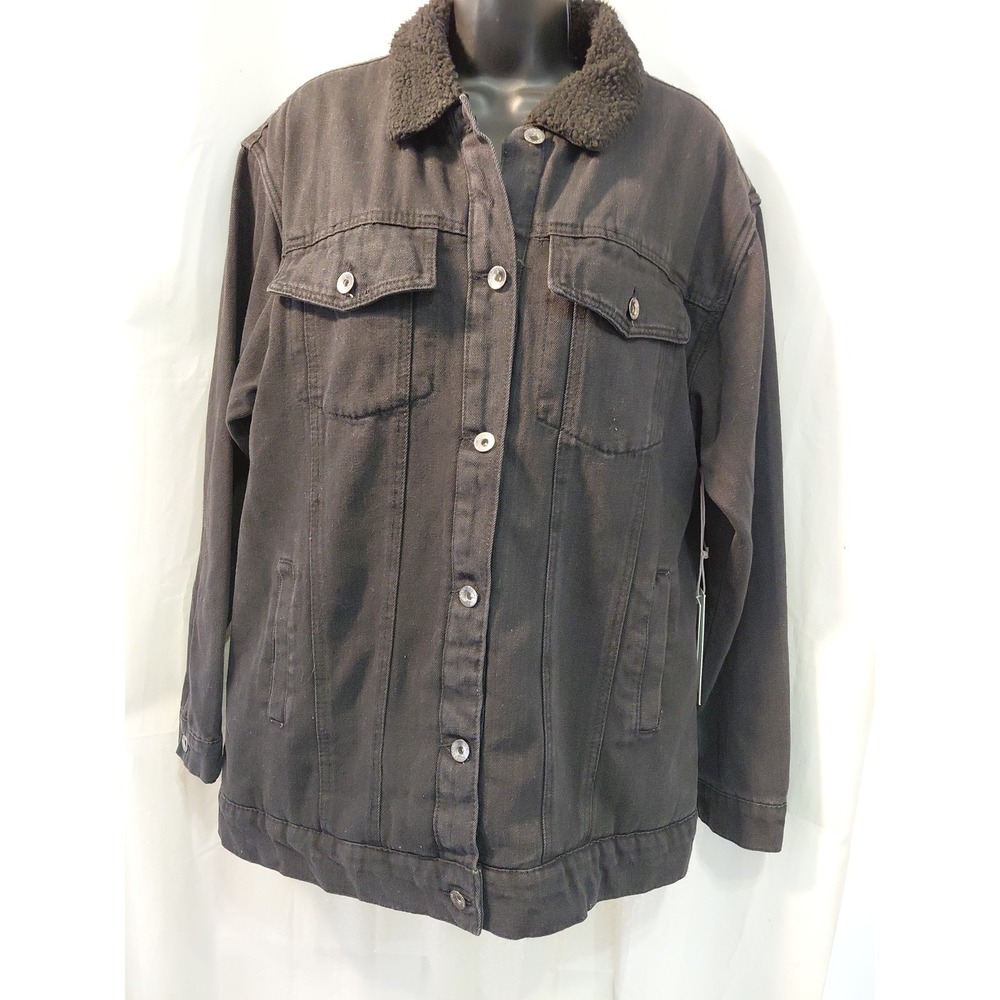 CI SONO Denim Collection Trucker Jacket Womens L Sherpa Lined Button Front Black